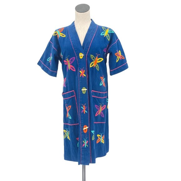 Hand Embroidered Vintage 1970s 1980s Butterfly Dress Robe Blue Small/Medium